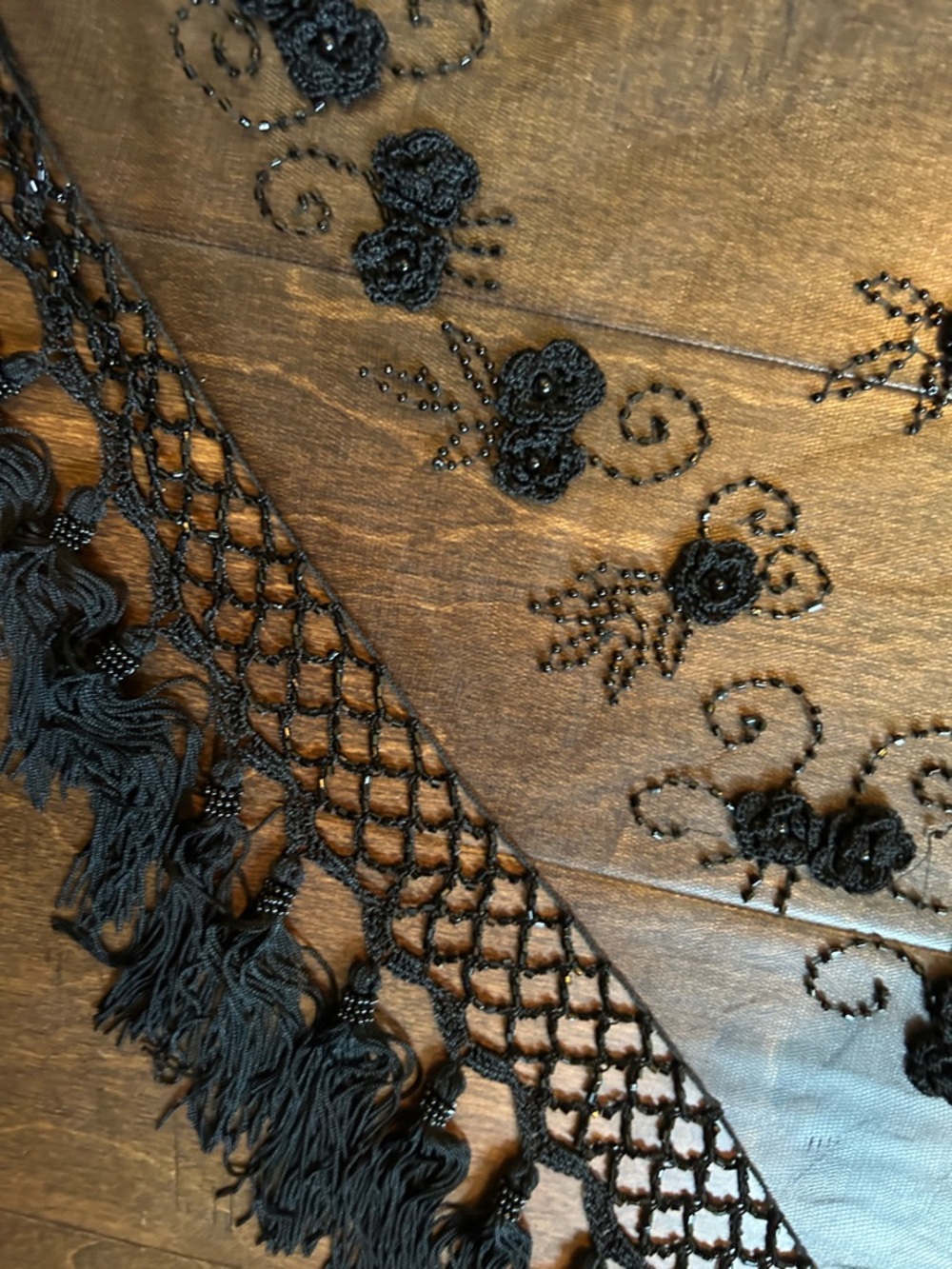 Black Lace Fringe Wrap Shawl - Elegant Evening Scarf - Picture 15 of 15